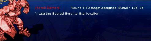 Round 1/10 target: Burial 1 (26, 35). Use the Sealed Scroll there.